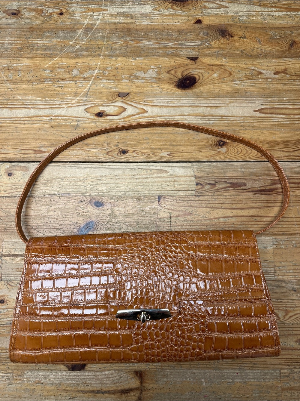 Glossy Croc-Embossed Shoulder Bag in Cognac
